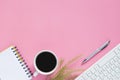 Top view keyboard,notebook,pen,paperclip or object for office supply concept on pink background