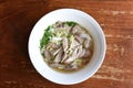 Top view Khanom Chin Nam Ngeaw, Rice noodles or Thai North East local noodle made from fermented rice flour with pork soup.