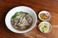 Top view Khanom Chin Nam Ngeaw, Rice noodles or Thai North East local noodle made from fermented rice flour with pork soup.