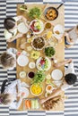 Top view on kids eating healthy dinner during birthday