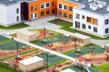 Top view kindergarten or public school building exterior with playground. Back to school concept. Royalty Free Stock Photo