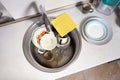 Top view of kitchen sink at home with dirty dishes Royalty Free Stock Photo