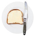 Top view of knife and bread and butter on plate Royalty Free Stock Photo