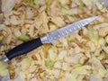 Top view of a knife lying on potato peelings