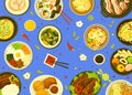 Top view korean meal. Barbecue asian or traditional buffet. Lunch soup, kimchi and bbq. Vegetarian and meat dishes Royalty Free Stock Photo