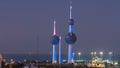 The Kuwait Towers day to night timelapse - the best known landmark of Kuwait City. Kuwait, Middle East Royalty Free Stock Photo