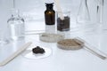 Laboratory assistant`s workplace, glassware for checking samples of ground, sand and clay