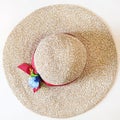 Top view of ladies` wide brim straw hat on white