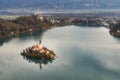 Top view of lake Bled, island with a church and Bled castle in autumn Royalty Free Stock Photo