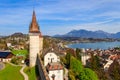 Top view on Lake Lucerne and old town with Musegg wall and towers in Lucerne city, Switzerland Royalty Free Stock Photo