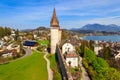 Top view on Lake Lucerne and old town with Musegg wall and towers in Lucerne city, Switzerland Royalty Free Stock Photo