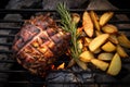 top view of lamb shoulder with oak smoking chips