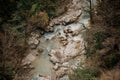 Top view landscape of azure forest river flowing among rocks in Martvili canyon