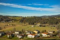 Top view landscape photography European highland village country side outskirts scenic space spring time houses in valley and Royalty Free Stock Photo