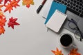 Laptop computer, coffee cup, glasses, notebook and maple leaves on white background. Royalty Free Stock Photo