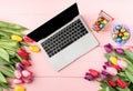 Top view of laptop computer, colorful tulips and Easter eggs on pink wooden background Royalty Free Stock Photo