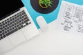 Top view of laptop, computer mouse, plant, website design template on abstract geometric background. Royalty Free Stock Photo