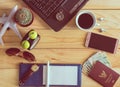 Top view of laptop, notebook, pen, sunglasses, coffee cup, passport, money, mobile