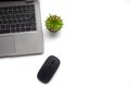 Top view of laptop, table plant and mouse on white cover background with customizable space for text. Copy space