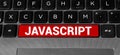 Top view of laptop with text Javascript. JavaScript inscription on laptop screen and keyboard
