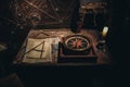 Top view of large compass and geometry tools and papers in a poorly lit room