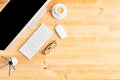 Top view of large desktop computer on wooden office desk Royalty Free Stock Photo