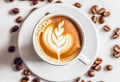 Top view latte art coffee with coffee beans isolated on white background