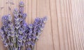 Top view lavender flowers on wooden background with copy space. Flat lay