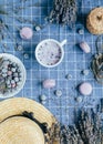 Top view of lavender macarons with spiced milk and frozen berries