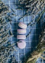 Top view of lavender macarons with spiced milk and frozen berries