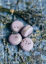 Top view of lavender macarons with spiced milk and frozen berries