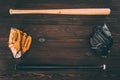 top view of leather baseball gloves and bats