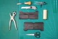 Top view of Leather work tools Royalty Free Stock Photo