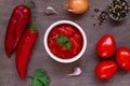 Top view of lecho of tomatoes and sweet paprika with ingredients Royalty Free Stock Photo