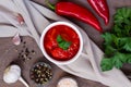 Top view of lecho of tomatoes and sweet paprika with ingredients Royalty Free Stock Photo