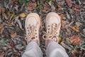 Top view of feet in beige lace-up shoes standing on fallen autumn leaves Royalty Free Stock Photo