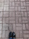 Top view of the legs shoes girls feet, women in patent shoes on the background of a stone concrete square paving rectangular tile