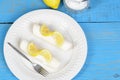 Top view lemon crepes with icing sugar Royalty Free Stock Photo