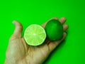 Top view, 1 lemon and halved lime (Citrus aurantiifolia) on palm(hand). Green background
