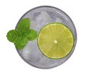 Top view of lemonade with lime slice and mint isolated on white Royalty Free Stock Photo