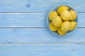 Top view of lemons on blue plate over tropical background