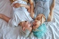 Top view Lesbian couple kissing and hugging on bed, give each other passionate kiss Royalty Free Stock Photo