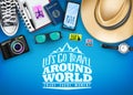 Top View Let`s Go Travel Around The World Banner with Travel Items Like Hat, Shoes, Camera, Wrist Watch Royalty Free Stock Photo