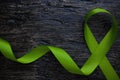 Top view of lime green color ribbon on dark background. Non-hodgkin lymphoma cancer, lyme disease, muscular dystrophy.