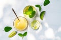 Lime tea with mint in a glass cup and honey on a white background Royalty Free Stock Photo