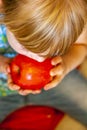 Top view of little girl eating red apple Royalty Free Stock Photo