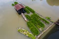 Top view of living boat in the river, floating house in Uthai-Thani Thailand