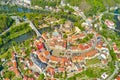 Top view of Loket castle and small Czech town, near Karlovy Vary, Czech Republic. Royalty Free Stock Photo