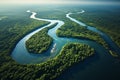 Top View of Long River Surrounded by Dense Green Trees at Bright Day AI Generative