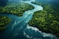 Top View of Long River Surrounded by Dense Green Trees in Forest AI Generative